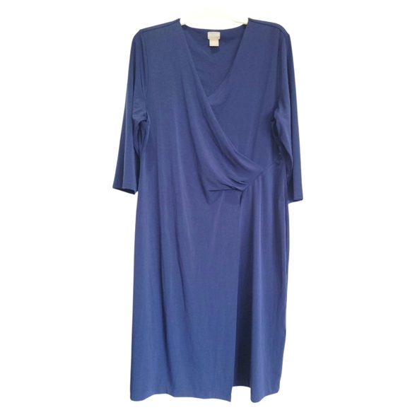 Sz 12/14 Or L/XL CHICO'S Navy Blue 3/4 Sleeve Faux Wrap A Line Shift Dress - Picture 3 of 6